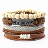 Charm Bracelets Arrival Wood Beads Handmade Feather Guitar Believe Faith Words Men Leather Women Homme Jewelry