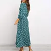 Casual Dresses Women Chiffon Long Dress Floral Print Lantern Sleeve A-Line Maxi Vestidos Elegant Vintage V Neck