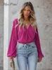 T-shirts Femmes Miss Petal Surplis Col Paysan Haut à manches longues pour femme Fuchsia Casual Pulls 2024 Printemps Automne Tee Streetwear