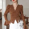 Women's Blouses 2024 Vintage V-neck White Lace Shirts Flare Long Sleeve Women Elegant Short Tops Crochet Sweet See Through Blouse 29561