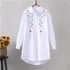 Blusas femininas 2024 primavera/verão outono design chique algodão comprimento médio arte bordado impresso camisa branca manga longa blusa solta topo