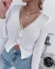 Kvinnors blusar 2024 Spring Summer Knitwear Clothing Solid Color Single-Breasted V-Neck långärmade tröjor