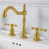 Badezimmer-Waschtischarmaturen im europäischen Stil, goldener Messing-Wasserhahn, drei Löcher, zwei Griffe, Waschbecken, kalter, künstlerischer Goldhahn