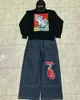 Jnco geniş bacak kot erkek y2k büyük cep hip hop yüksek kalite işlemeli yüksek bel pantolon gotik sokak kıyafeti harajuku pantolon 240122