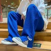 Män high street Sweatpants Fashion Loose Casual Side Slitt rakt byxor Vintage Blue Jacquard Bottoms Male Clothes 240129