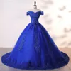 Осеннее платье Vestidos синего цвета Quinceanera с элегантным трианом с открытыми плечами, бальное платье, роскошное вечернее платье, платье для выпускного вечера больших размеров 240125