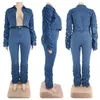 Denim plus storlek set kvinnor 2 bit set puff långärmare jacka stretch staplade jeans faller vinterkläder grossist dropp 240202