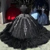 ثياب Quinceanera Black اللامع قبالة الكتف من الدانتيل حبات Tull tiered Vestidos de 15