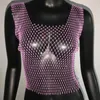 Kvinnors T -skjortor Kvinnor Sexigt nät Se genom skjorta Shiny Rhinestone Y2K Fishnet Hollow Out Crop Top Long Sleeve Beach Cover Up Party Tank