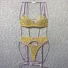 Conjuntos de sutiãs Yimunancy Sheer Lace Lingerie Set Mulheres Contraste Cor Bra Panty Underwear Sensual Erótico Sexy Garter Kit