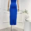 Robes décontractées 2024 Arrivée Printemps Été Top Qualité Solide Bleu Vintage Sexy Sans Manches Évider Moulante Femme Robe Midi