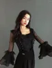 Scene Wear Ballroom Dance Tops Women Black Lace Ruffled Mesh Sleeves Waltz Latin Performance Costume Adult Blue DNV18180