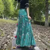 Kjolar 2024 mode långa maxi a-line elastiska midja kvinnor sommarfjäder s-2xl bomullslinne tryck stor hem grön