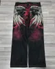 Gotyckie workowate dżinsy dla mężczyzn duże skrzydła Wzór krawat czarne dżinsowe spodnie Hip Hop Harajuku szerokie spodnie nogi streetwear 240122