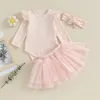 Infantile Bébé Fille Princesse Beaux Vêtements Costume Automne Printemps Manches Longues Tricoté Barboteuses Couches Tulle Jupes Bandeau 3Pcs Ensemble 240127