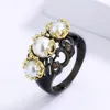 Fashion Jewelry Set for Women Black Gold Three Piece Pearl Flower Ring Necklace Earring Party Jewelry Wedding Bridal Set Jewelry 240119