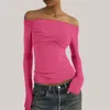 Women's T Shirts Sexy See Through Mesh Women T-Shirt Off Shoulder Long Sleeve Solid Ruched Tshirt Female Spring Skinny Casual Streetwear
