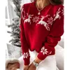 Kvinnors tröjor 2024 Vinter julkvinnor Knitting Deer Print Jacquard Knitwear Långärmad O Neck Pullover Top Overdimensionerade kläder