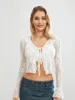 Blouses Femmes Femmes Été Dentelle Crop Tops Flare Manches Longues Cravate Avant Sheer Slim Cardigan Clubwear Y2k Beach Wear