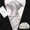 JEMYGINS Bianco Grigio Nastro Mens Cravatte Hanky Gemelli Fermacravatta Set 8 cm Cravatte in seta per uomo Festa di nozze Regalo aziendale 240122