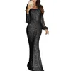 Casual Dresses Elegant Ladies Vestidos Plus Size Chic Women Tassel Lantern Sleeve Sequined Long V Neck Bodycon Party Maxi Dress