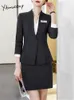 Yitimuceng Grey 2 Piece Blazer and Skirt Fashion Office Ladies Single Breasted V Neck Blazers Casual High Waist Mini Suits 240202