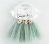 Nya babyflickor kläder barn bokstäver tryckt tshirt med blommapplikation och chiffong kjol sommar barn kläd set3361649