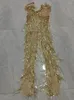 Bühne tragen Sexy Gold Pailletten Strass Mesh Strampler Frauen Ärmellose Overall Geburtstag Outfit Sänger Tänzer Leistung Kostüm