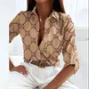 Women Spring Elegant Trown Down Blouse Pintage Printing Slim Slim Office Office Office Fashion Tops Long Sleeve Tops 240223