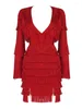 Casual Dresses 2024 Autumn Women's Bandage Dress Red White Long Sleeve V-ringning FRANT