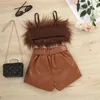 Conjuntos de roupas 1-6y crianças meninas roupas de verão bebê sem mangas plush sling tank tops couro pu calças curtas com cinto crianças roupas