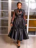 Casual Dresses Women Black Dress Long Sleeves High Waist Patchwork Mesh See Through Sexy A Line African Gowns Pleated Ruffles Autumn 2024