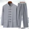 Men's Tracksuits Men 2-piece Sportswear Set Chinese Traditional Tang Suit For With Stand Collar Shirt Wide Leg Trousers 2 Pcs/set Solid