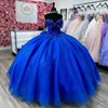 Blå av axel quinceanera klänningar vestidos de 15 quinceanera lyxpärlor kristall paljetter söt 16 bollklänning prom klänningar
