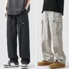 Men's Pants Men Cargo Large Pockets Solid Color Elastic Waist Joggers Straight Streetwear Wide Leg Baggy For Outdoor