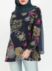 Kvinnors blusar abaya bomull och linne tryckt långärmad rund hals casual muslimsk skjorta