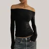 Women's T Shirts Sexy See Through Mesh Women T-Shirt Off Shoulder Long Sleeve Solid Ruched Tshirt Female Spring Skinny Casual Streetwear