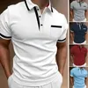 Polos masculinos design simples camisa masculina respirável fino ajuste verão com contraste cor remendo bolso turn-down colarinho para casual