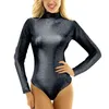 Männer Body Shaper Frauen Yoga Overalls Glänzende Metallic PVC Leder Mock Neck Langarm Trikot Bodysuit Kompression