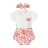 Kleidungssets Baby-Mädchen Shorts Set Kurzärmel Butterfly Print T-Shirt Blumenstirnband Sommer-Outfit Kinder