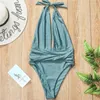 Women's Swimwear Sexy Neon Green One Piece Swimsuit Women Push Up Deep V Neck Backless Beachwear Solid Tummy Control Monokini 2024