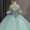 Aqua Blauw Glanzend Prinses Quinceanera Jurk Baljurk Kralen Applicaties Kant Tull Sweet 16 Vestidos 15 De XV Anos