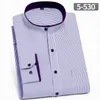 Camisas de vestido masculinas Homens Vertical Listrado Negócio Madarin Collar Manga Comprida Mens Casual Regular Fit Não-Ferro Camisa de Bolso Frontal Masculino