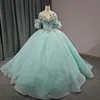 Aqua Blauw Glanzend Prinses Quinceanera Jurk Baljurk Kralen Applicaties Kant Tull Sweet 16 Vestidos 15 De XV Anos