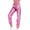 Taille haute métallique brillant Jogger décontracté holographique couleur Streetwear pantalon femmes mode lisse réfléchissant pantalon Hip Hop 240201