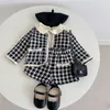 4319D Girl Clothing Set Spring Baby Tweed Plaid Girls Two Piece Suit Jacket Short Pants Sweet 240125