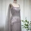 Sharon Said Bling gris sirène robe de soirée arabe avec Cape luxe plume Dubai robes formelles pour les femmes fête de mariage SS279 240125