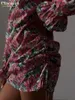 Robes décontractées Clacive Vintage Lâche Imprimer Robe Femme 2024 Mode O-Cou À Manches Longues Mini Élégant Cordon Ruché Femme