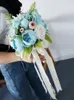 Fleurs de mariage beau Bouquet bleu blanc feuilles vertes de mariée pivoine en soie accessoires de fête décoration de la maison