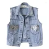 Kvinnors västar vintage ljusblå paljetter Big Pocket Denim Vest Women Waistcoat cowboy ärmlös jacka springa löst kort jeans kvinna